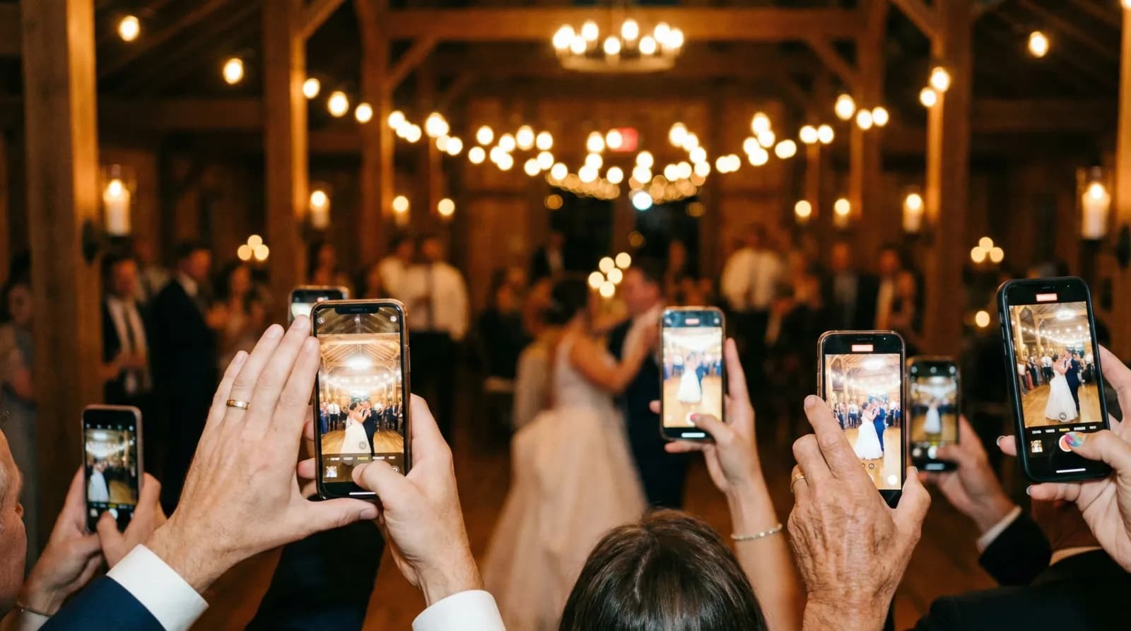 Goście weselni fotografują telefonami pierwszy taniec pary młodej