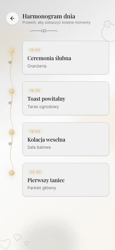 Harmonogram dnia w telefonie gościa: oś czasu z godzinami ceremonii, toastu, kolacji i pierwszego tańca
