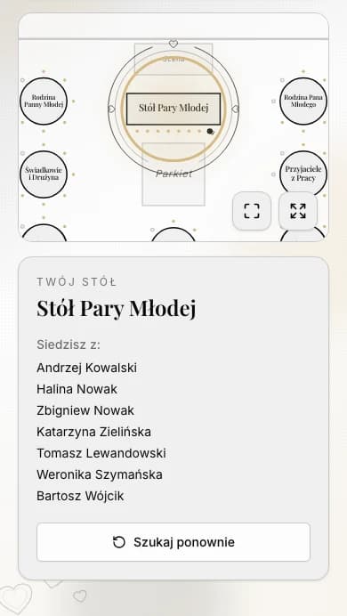 Widok gościa na telefonie: podświetlony Stół Pary Młodej na mapie sali i karta Twój stół z listą osób siedzących obok