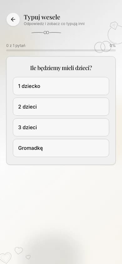 Ekran quizu w telefonie gościa: pytanie „Ile będziemy mieli dzieci?” z odpowiedziami 1 dziecko, 2 dzieci, 3 dzieci i Gromadkę