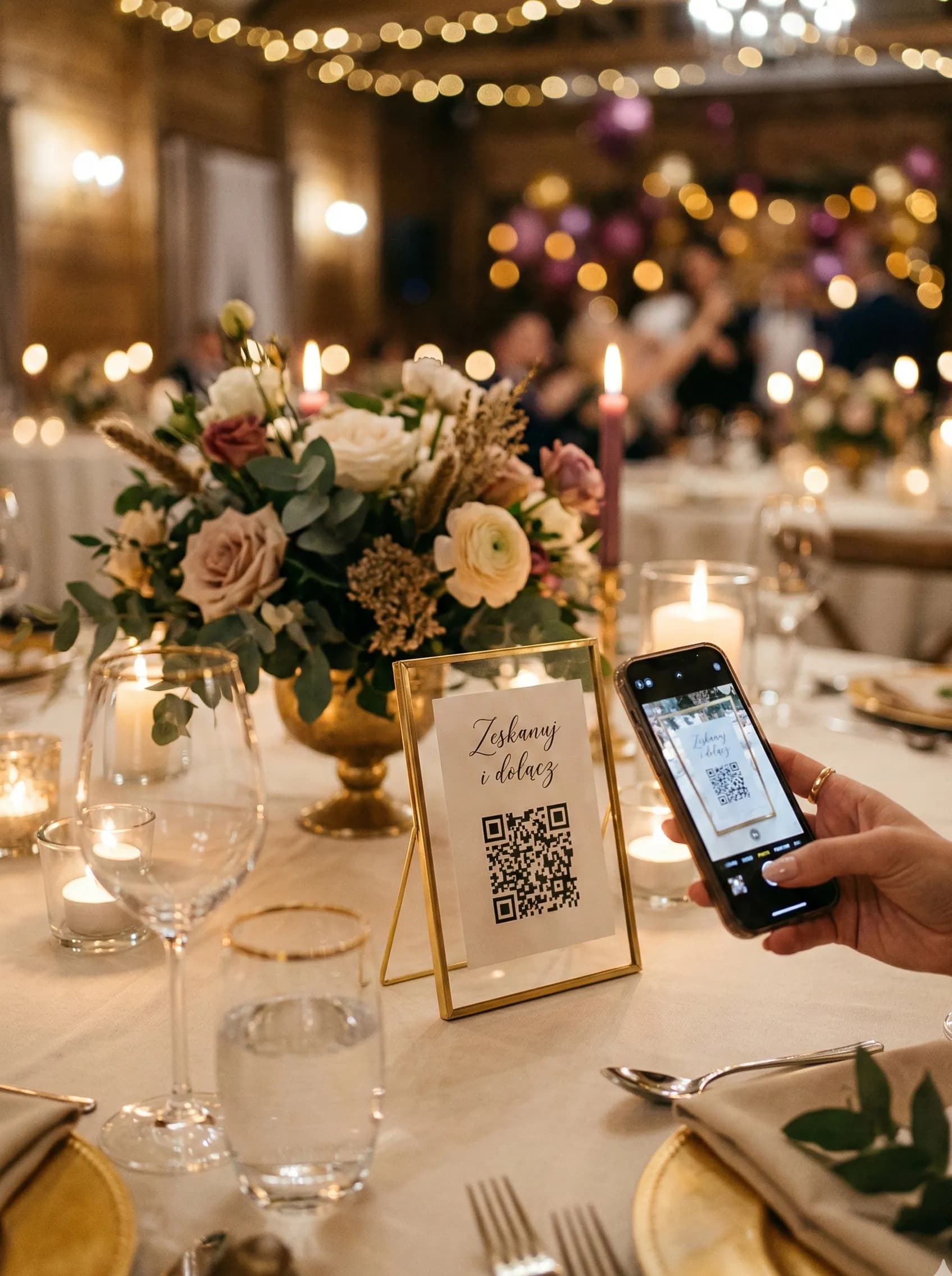 QR kod weselny na eleganckim stojaku na stole weselnym
