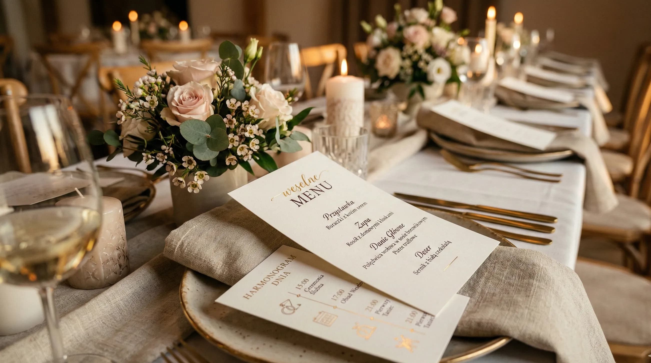 Harmonogram dnia weselnego i menu na telefonie gościa