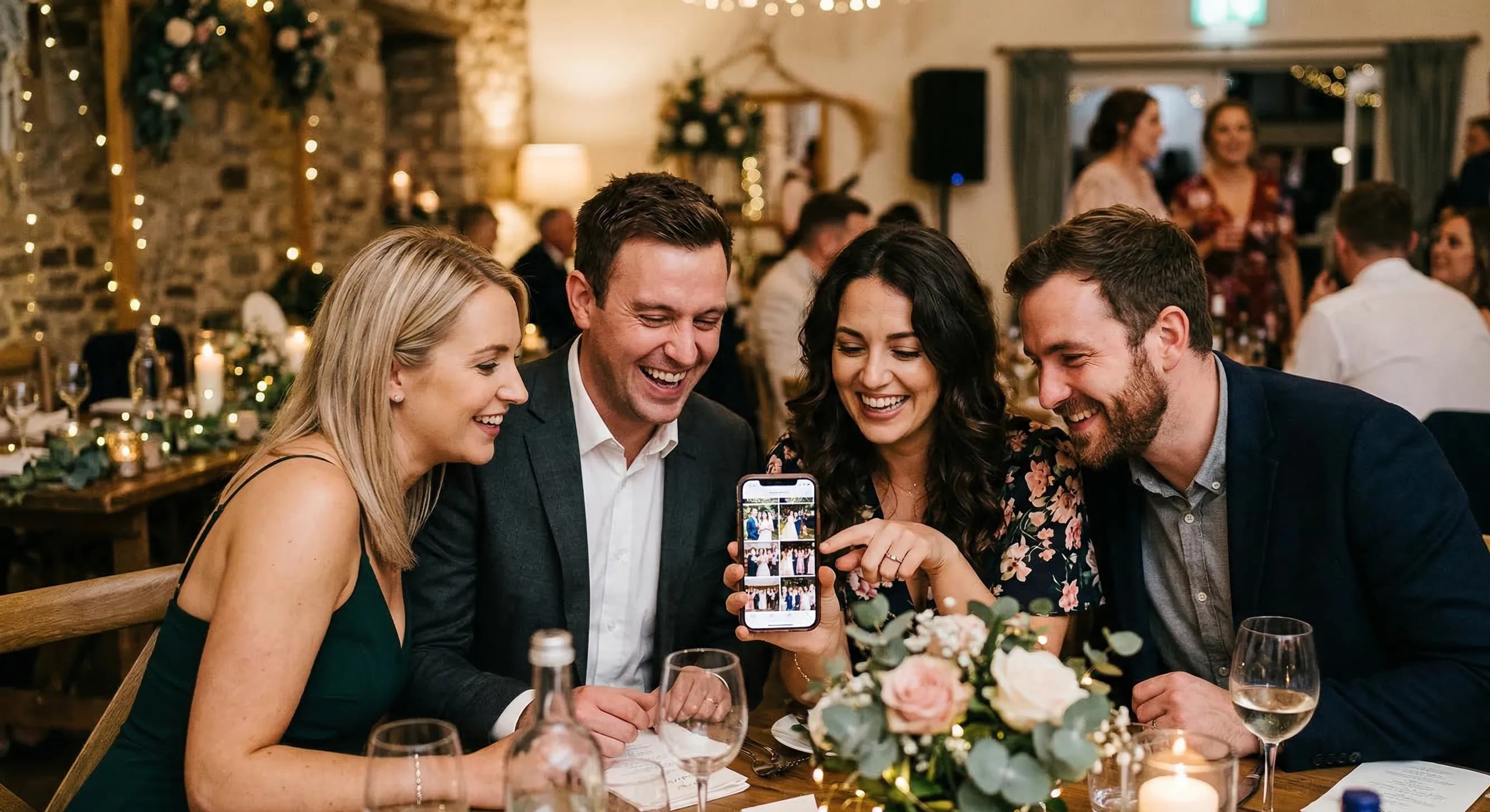 Goście korzystający z aplikacji weselnej na telefonie