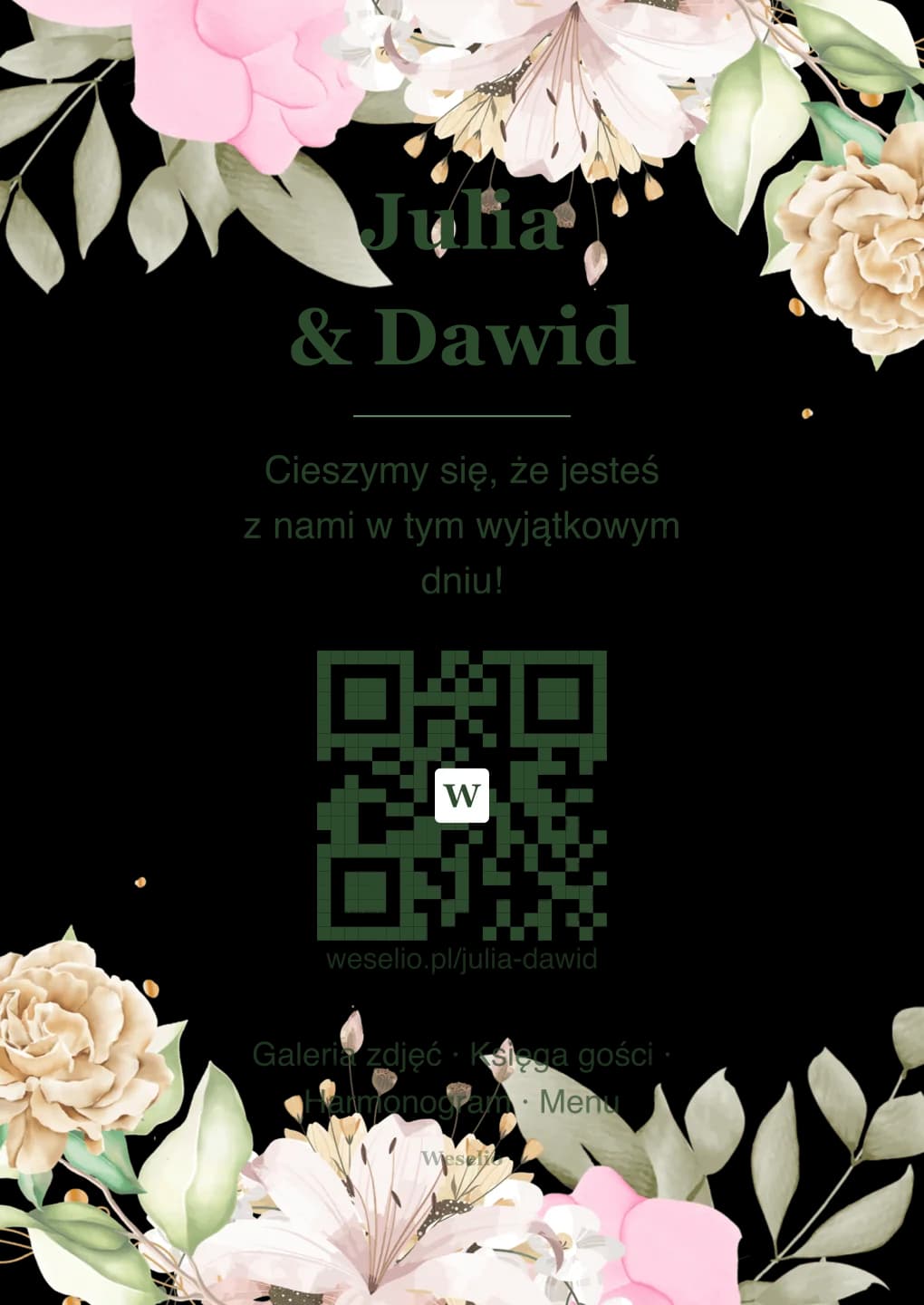 Kartka na stół weselny z kodem QR