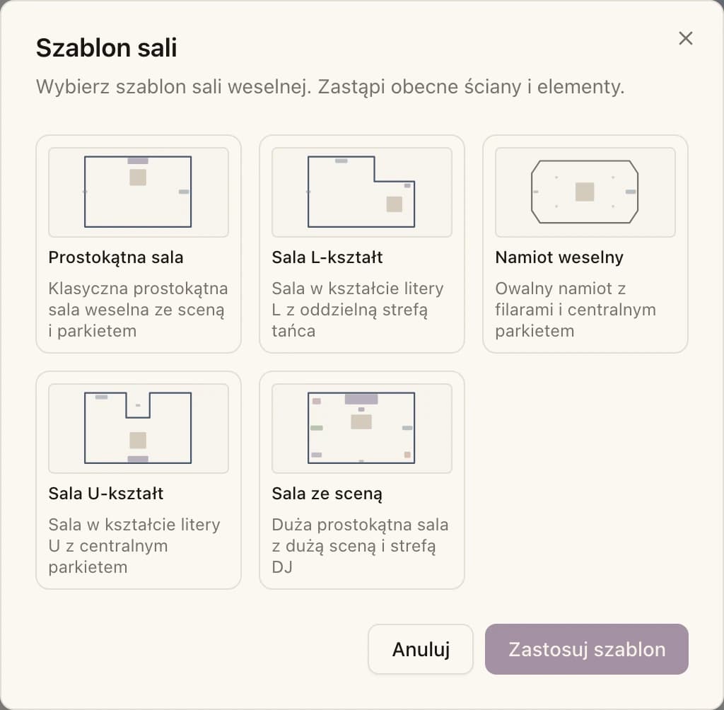 Okno wyboru szablonu sali w planerze: prostokątna, L, namiot, U i sala ze sceną