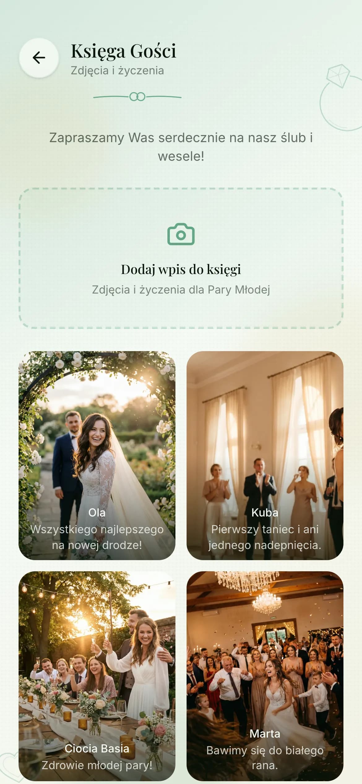 Podstrona księgi gości: zdjęcia od gości w siatce, nad nimi tytuł z ornamentem z obrączek.