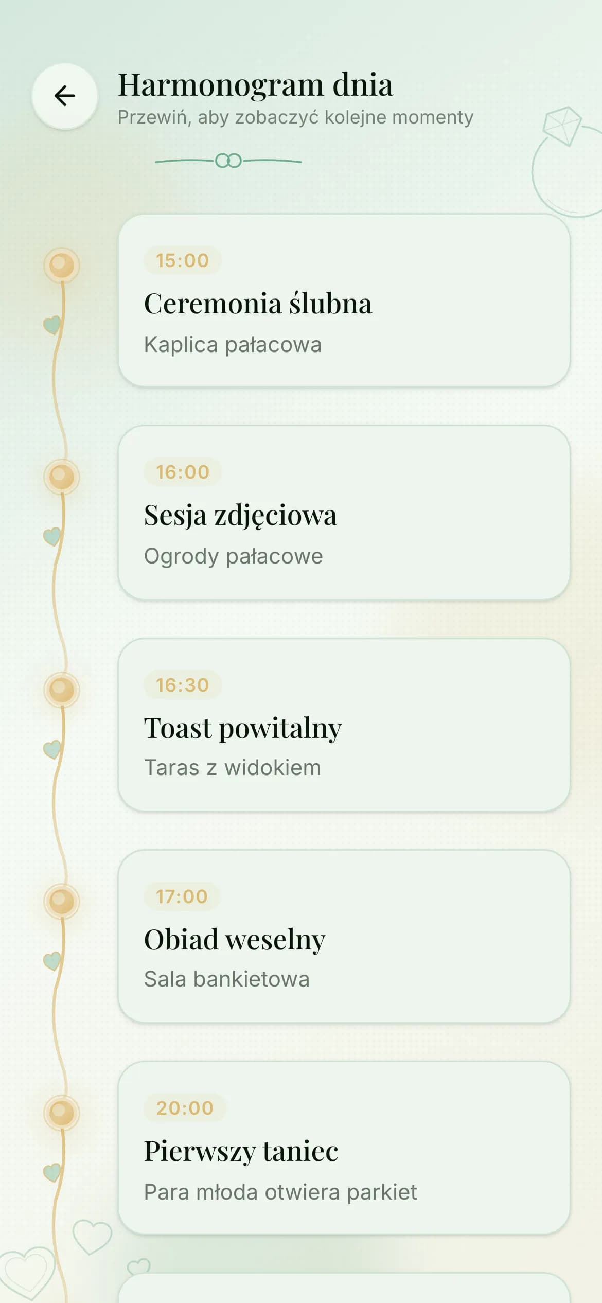Podstrona planu dnia: godziny i punkty dnia połączone złotą nicią z sercami.