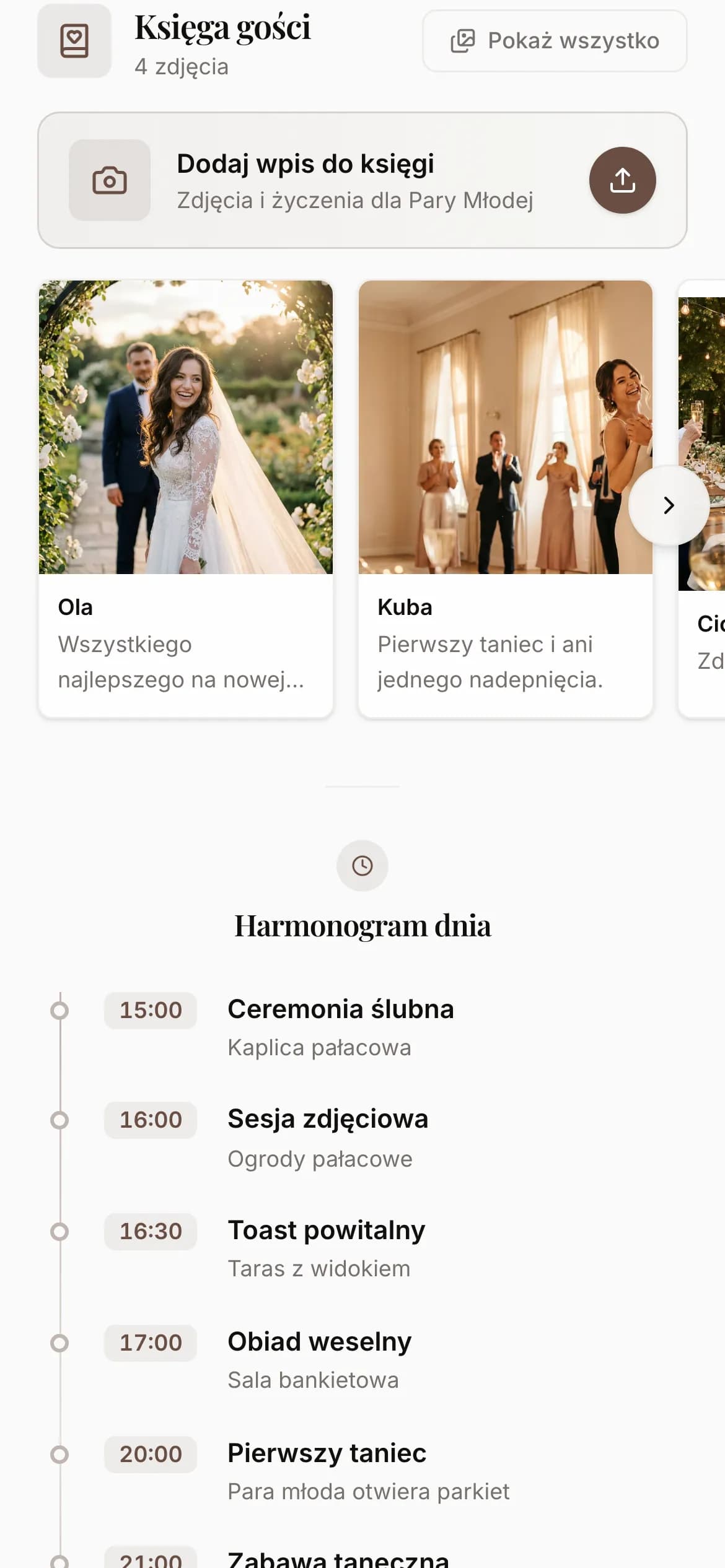 Księga gości: przesuwany pasek zdjęć od gości z imionami autorów i przycisk dodania zdjęć.