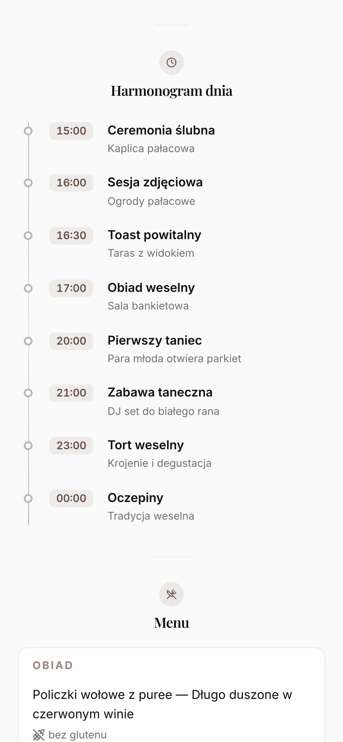 Plan dnia w jednej kolumnie: godziny w kolorze akcentu na pionowej osi, obok nazwy punktów dnia.