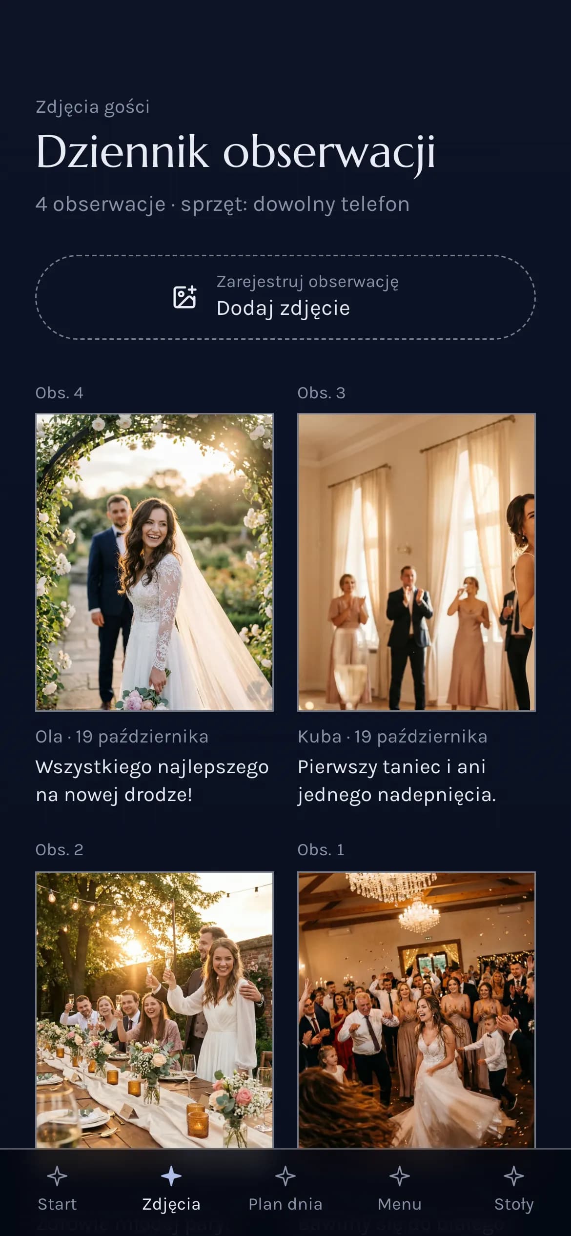 Dziennik obserwacji: przycisk dodawania zdjęć, a pod nim zdjęcia od gości z numerem obserwacji, autorem, datą i podpisem.