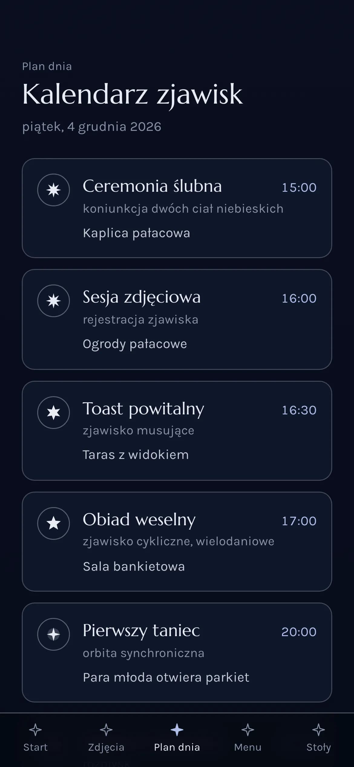 Kalendarz zjawisk: karty punktów dnia z gwiazdą, godziną, żartobliwym podpisem w języku astronomii i miejscem.