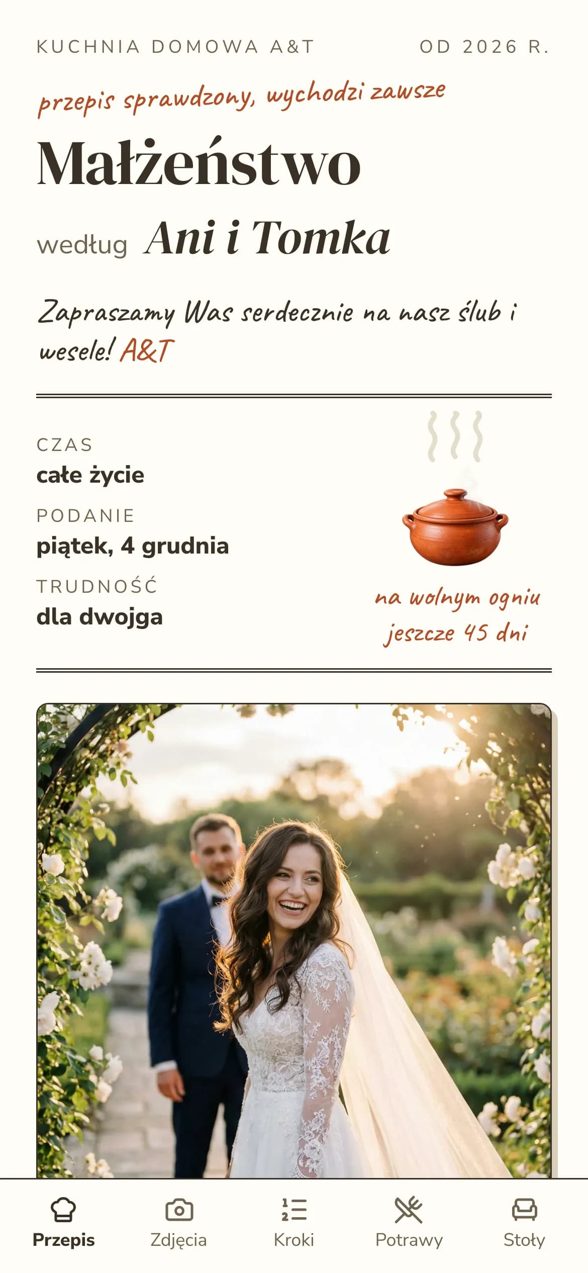 Pierwszy ekran: tytuł Małżeństwo z imionami pary, metryczka, garnek z liczbą dni do ślubu i zdjęcie pary.