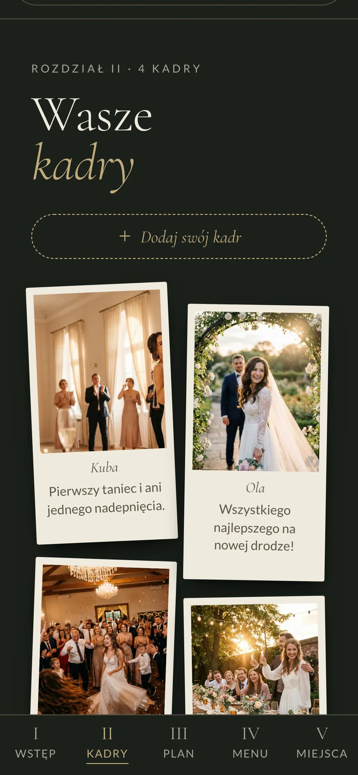 Rozdział Wasze kadry: zdjęcia gości w kremowych ramkach w dwóch kolumnach, lekko obrócone, z podpisem autora.