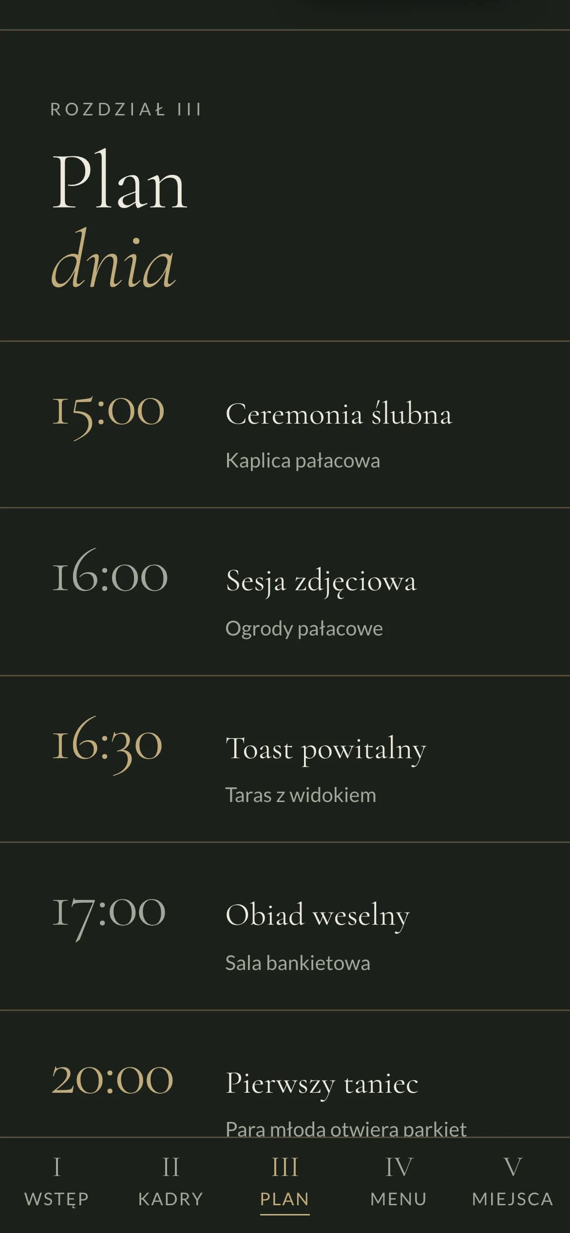 Rozdział Plan dnia: duże cienkie godziny na przemian w złocie i w kolorze wyciszonym, obok nazwy punktów dnia.