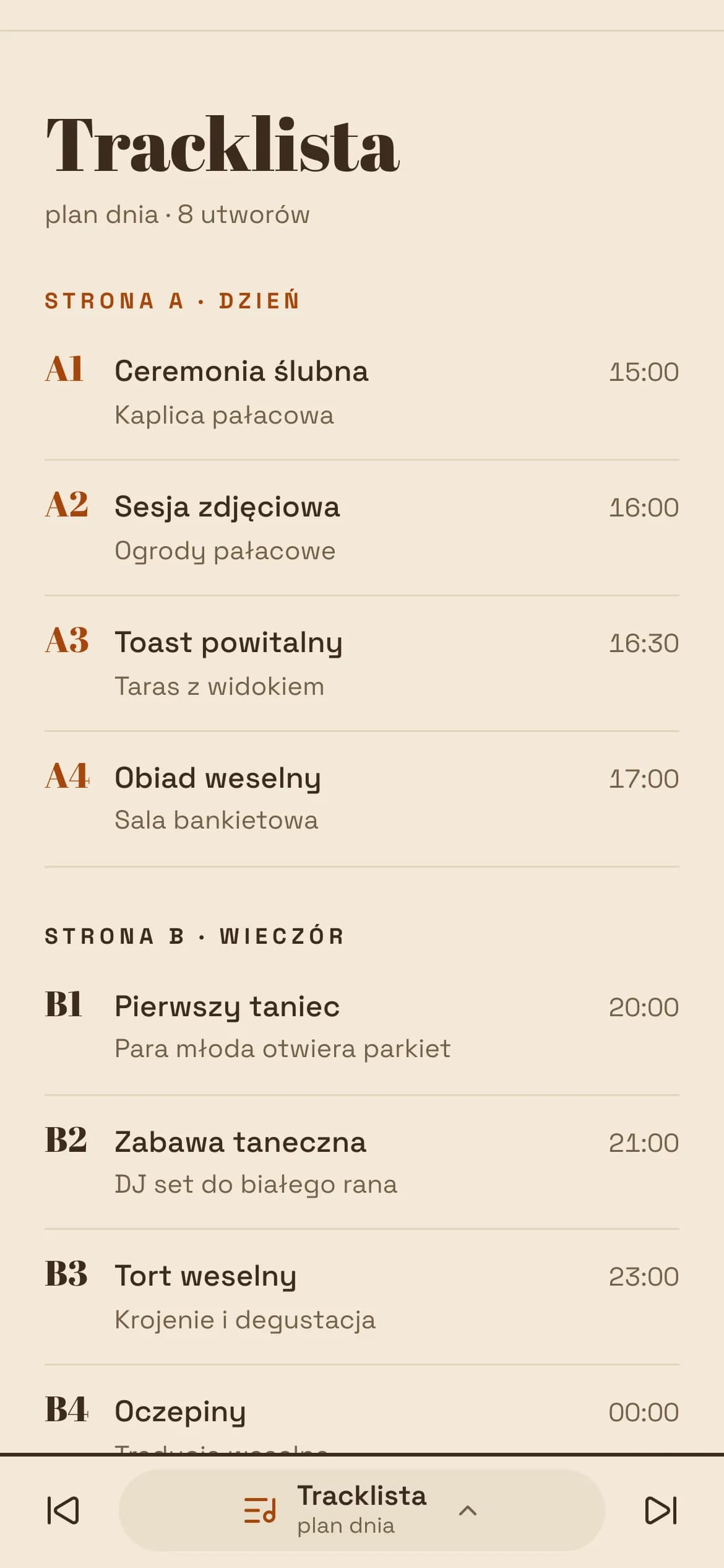 Tracklista: punkty dnia ponumerowane A1, A2 i B1, B2 z godzinami, podzielone na stronę A i B.
