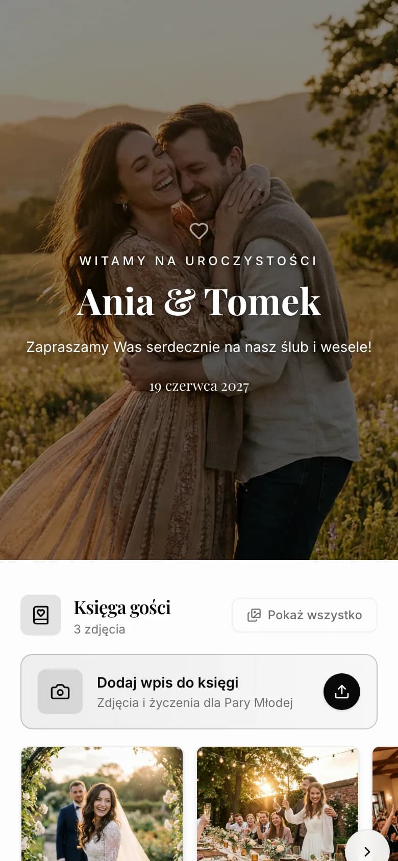 Aplikacja weselna Ani i Tomka na ekranie telefonu: zdjęcie pary, imiona i data ślubu