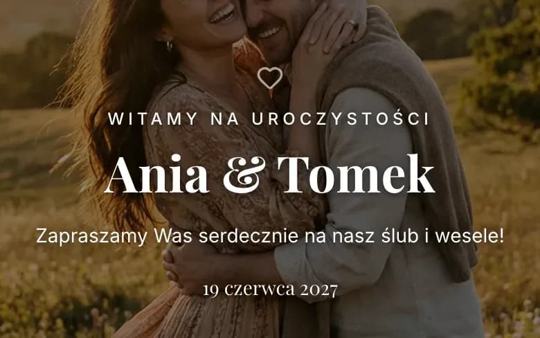 Aplikacja weselna z imionami pary, powitaniem gości i datą ślubu