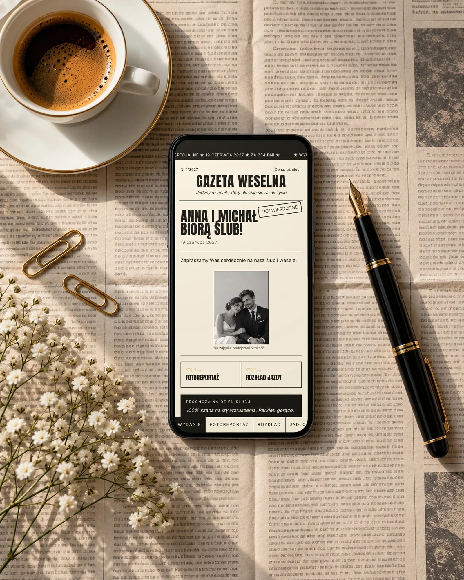 Układ Gazeta na telefonie, na gazecie obok filiżanki espresso