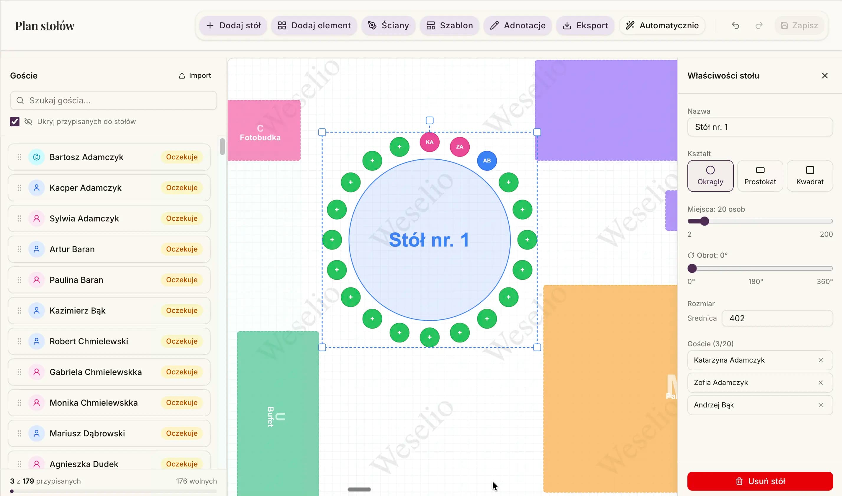 Podgląd edytora stołów weselnych — drag & drop, lista gości, właściwości stołu