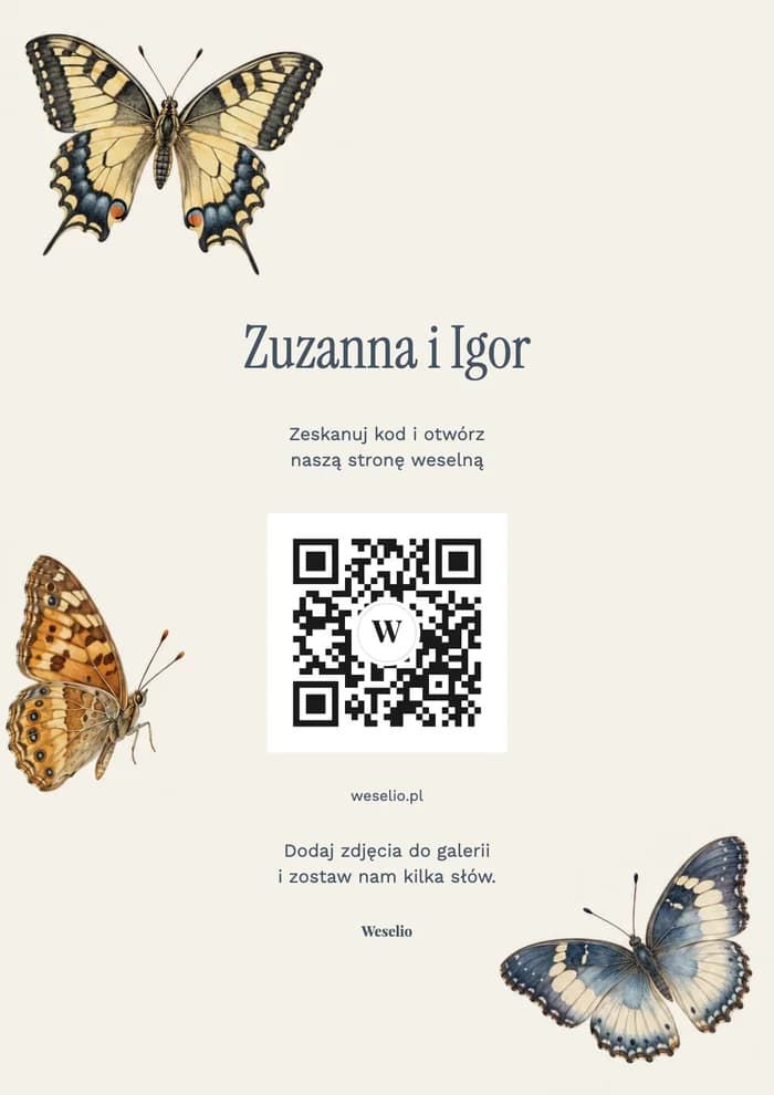 Kartka na stół z kodem QR, wzór Atlas motyli