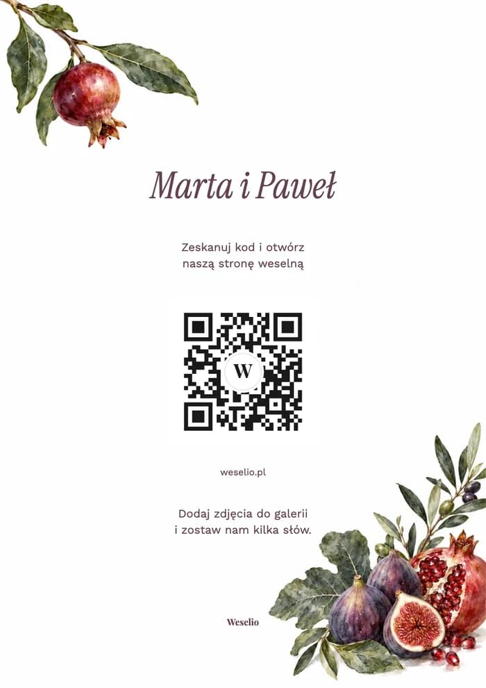 Kartka na stół z kodem QR, wzór Figi i granat