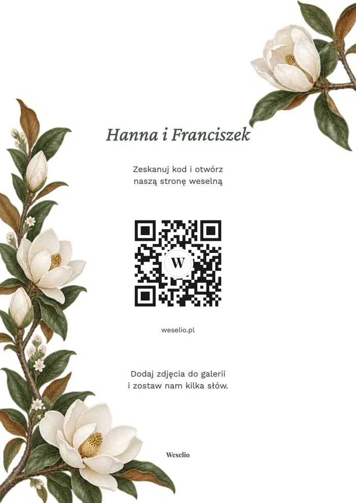 Kartka na stół z kodem QR, wzór Magnolia botaniczna