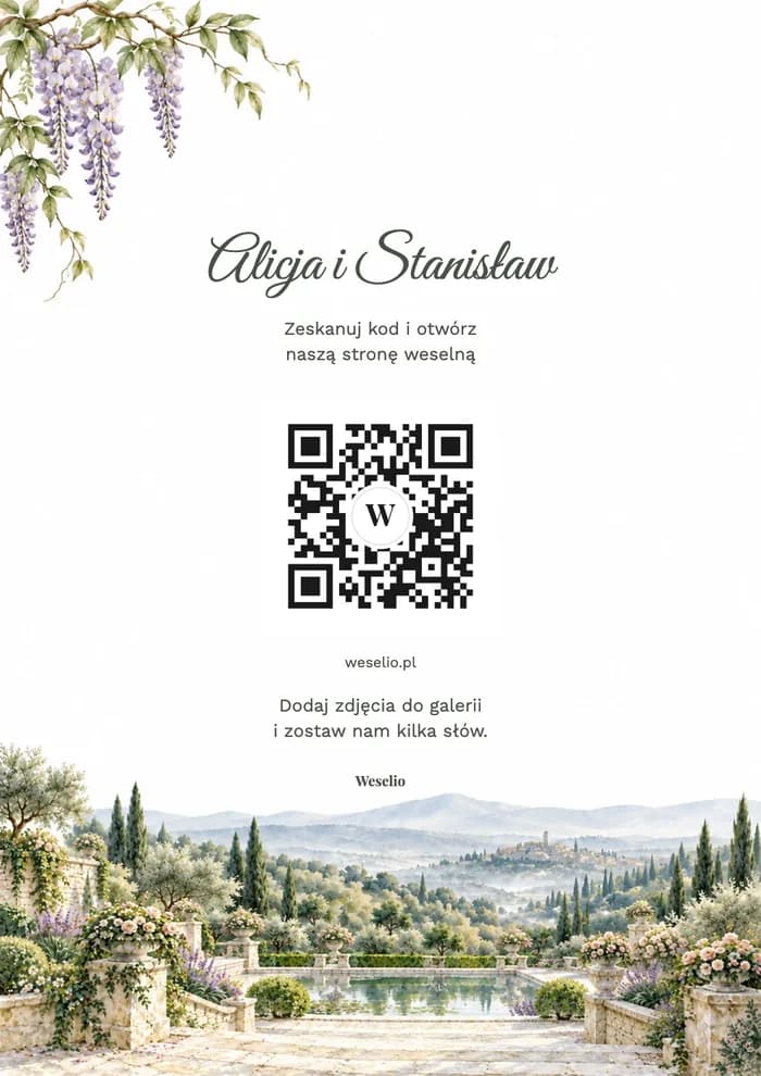 Kartka na stół z kodem QR, wzór Ogród włoski