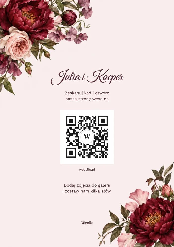 Kartka na stół z kodem QR, wzór Peonie bordowe