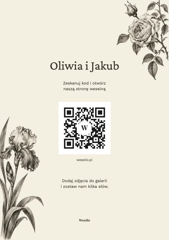 Kartka na stół z kodem QR, wzór Rycina botaniczna