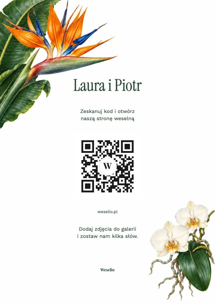 Kartka na stół z kodem QR, wzór Tropikalny herbarz