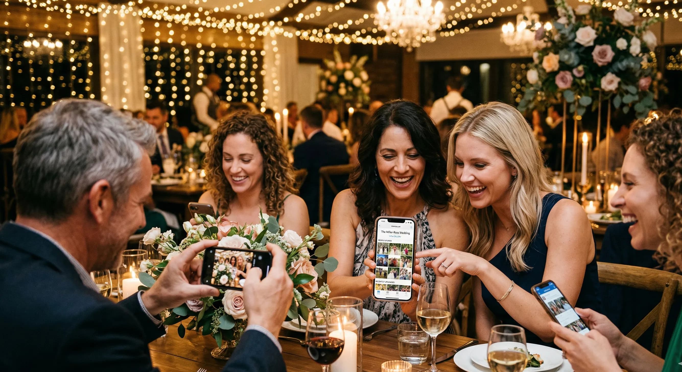 Goście korzystają z aplikacji weselnej na telefonie