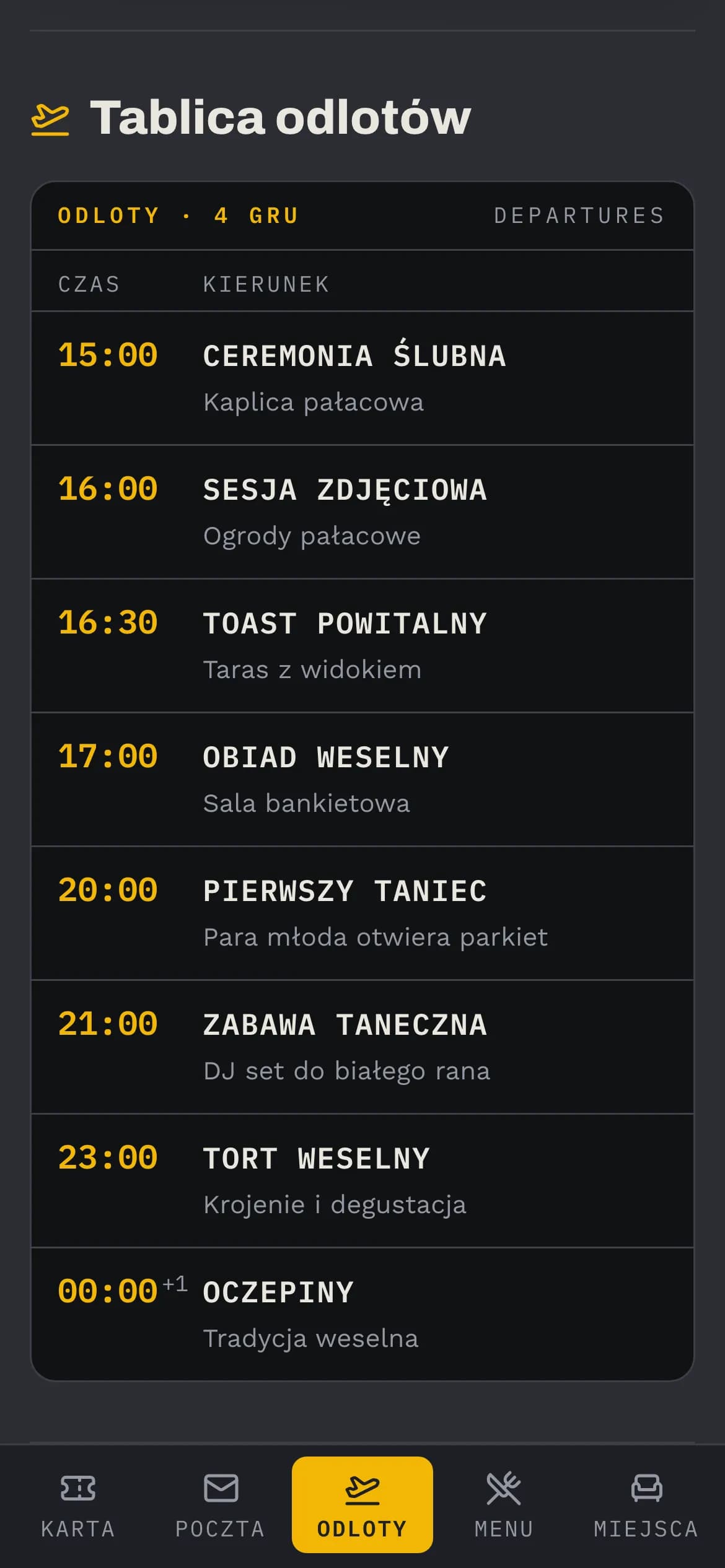 Tablica odlotów: godziny i punkty dnia w kolejnych wierszach tablicy odlotów.