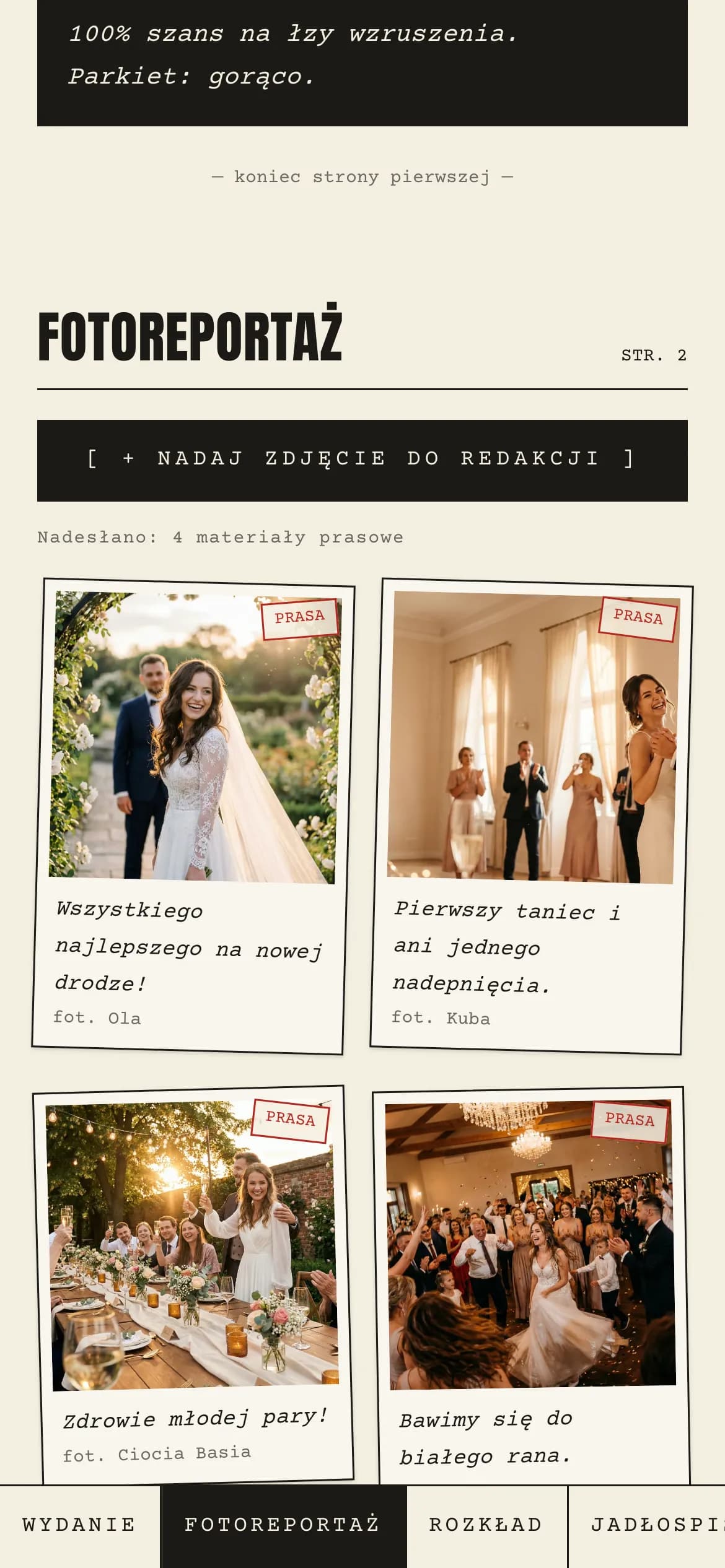 Strona Fotoreportaż: zdjęcia gości w prasowych ramkach, lekko odchylonych, z podpisem autora.
