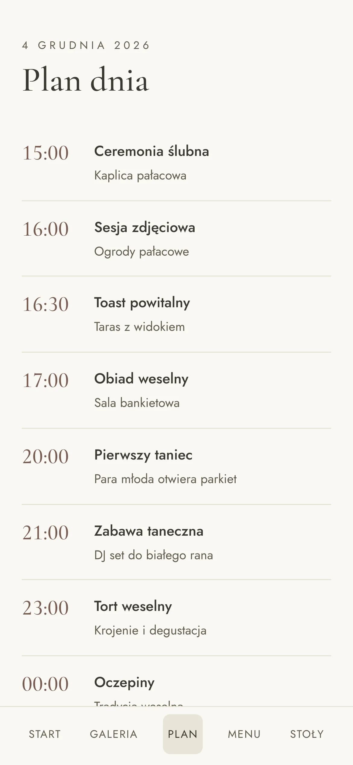 Ekran Plan dnia: godziny w kolorze akcentu i punkty dnia rozdzielone cienkimi liniami, u dołu pasek nawigacji.