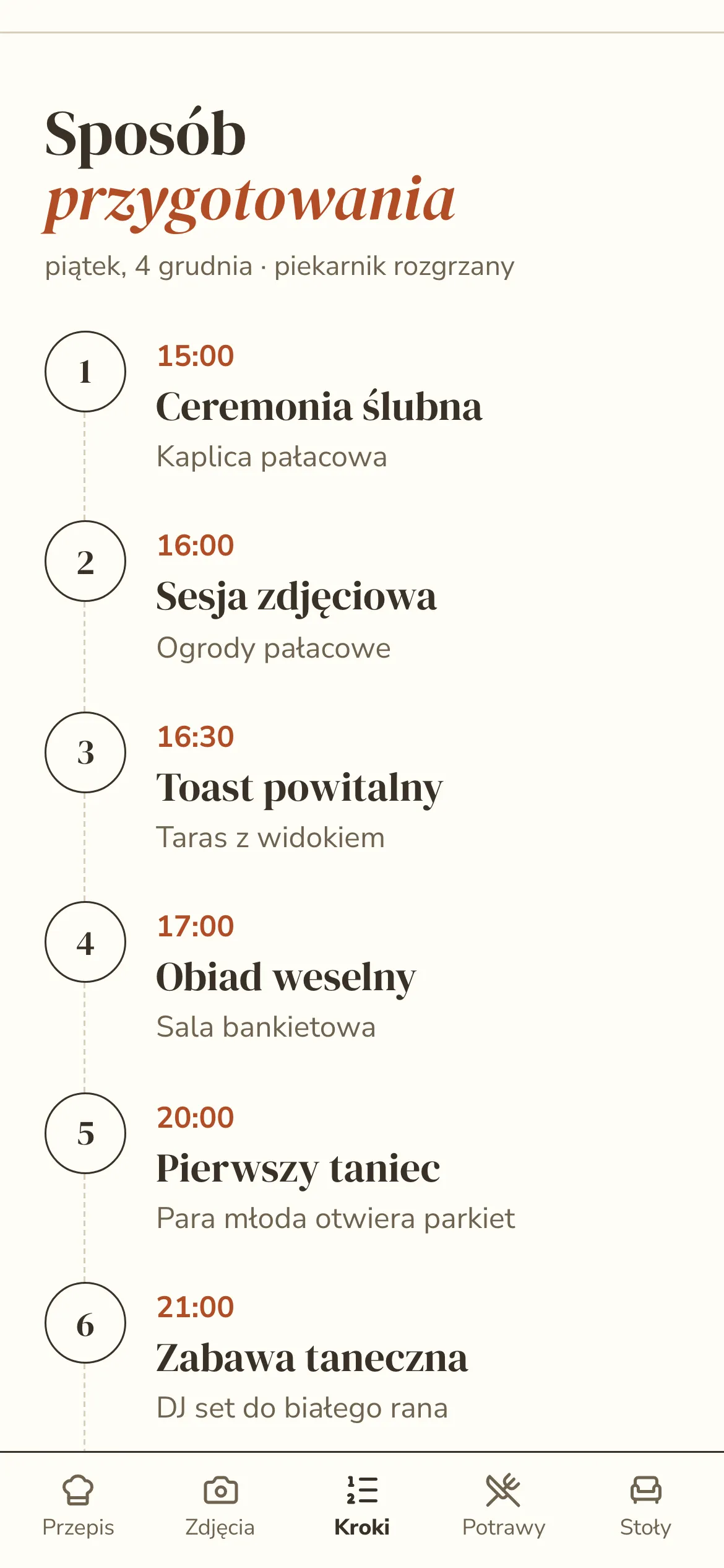 Plan dnia w układzie Przepis: ponumerowane kroki od ceremonii do zabawy tanecznej, jak w rodzinnym przepisie.