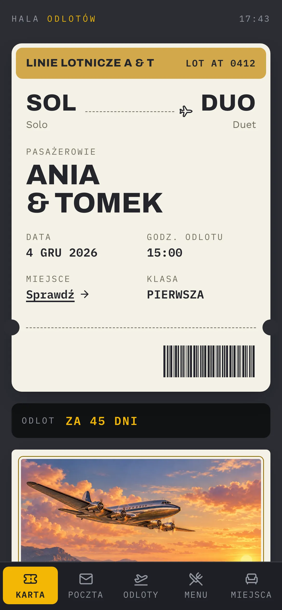 Pierwszy ekran Odlotu z imionami pary na karcie pokładowej oraz żółtymi akcentami na ciemnym tle.
