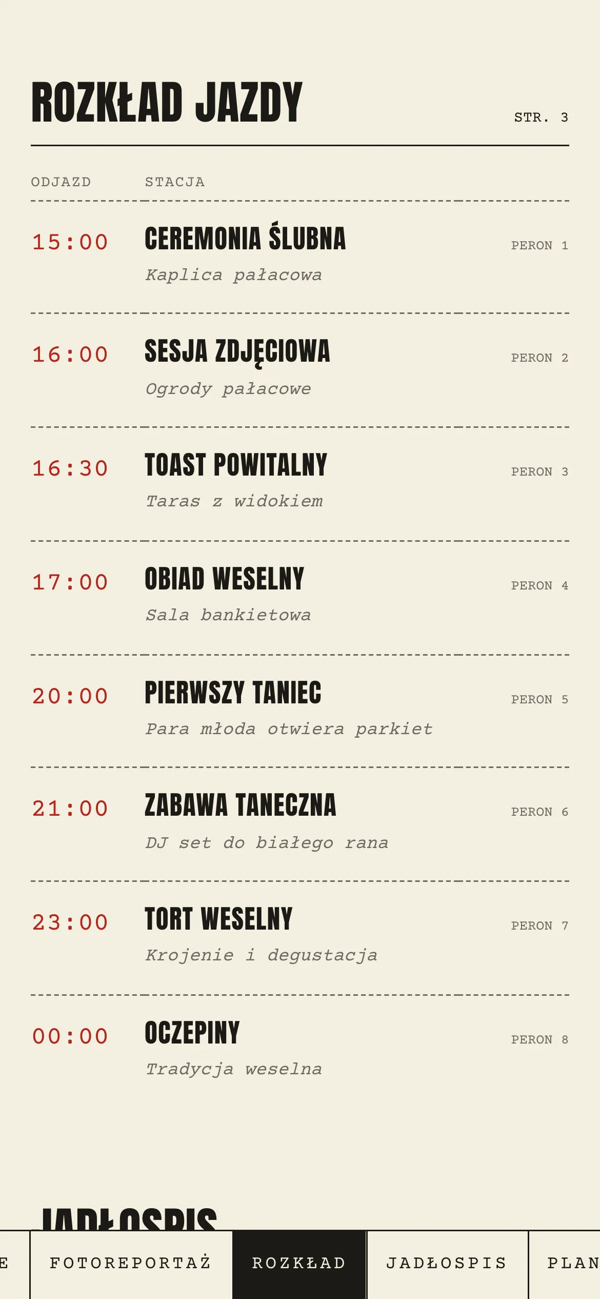Rozkład jazdy w Gazecie: godziny odjazdu, nazwy wydarzeń jako stacje i numery peronów od ceremonii do oczepin.