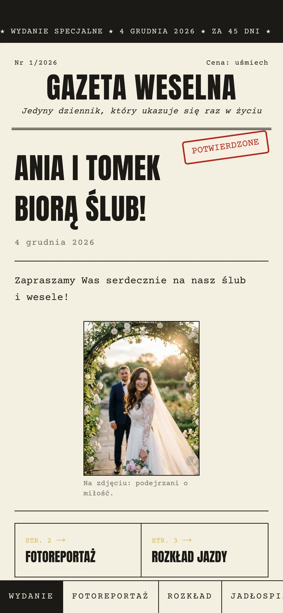 Pierwsza strona Gazety: pasek z odliczaniem, winieta GAZETA WESELNA, stempel POTWIERDZONE, nagłówek Ania i Tomek biorą ślub i zdjęcie pary.