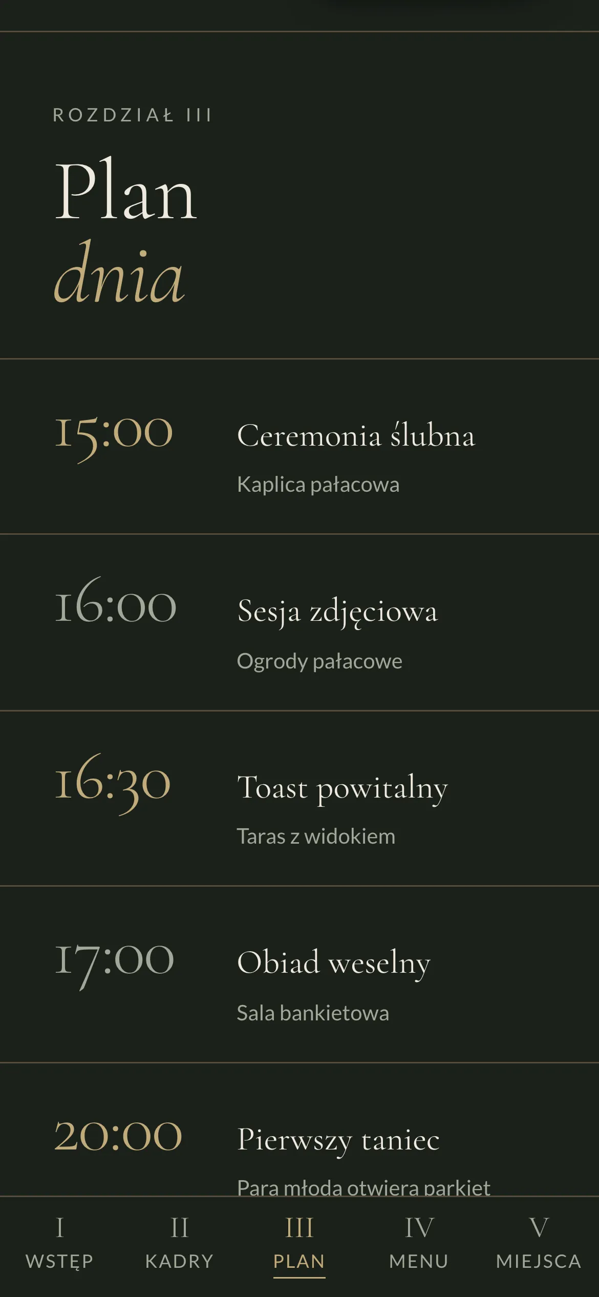Plan dnia Nokturnu z godzinami ceremonii, sesji zdjęciowej i kolejnych wydarzeń, na ciemnozielonym tle.