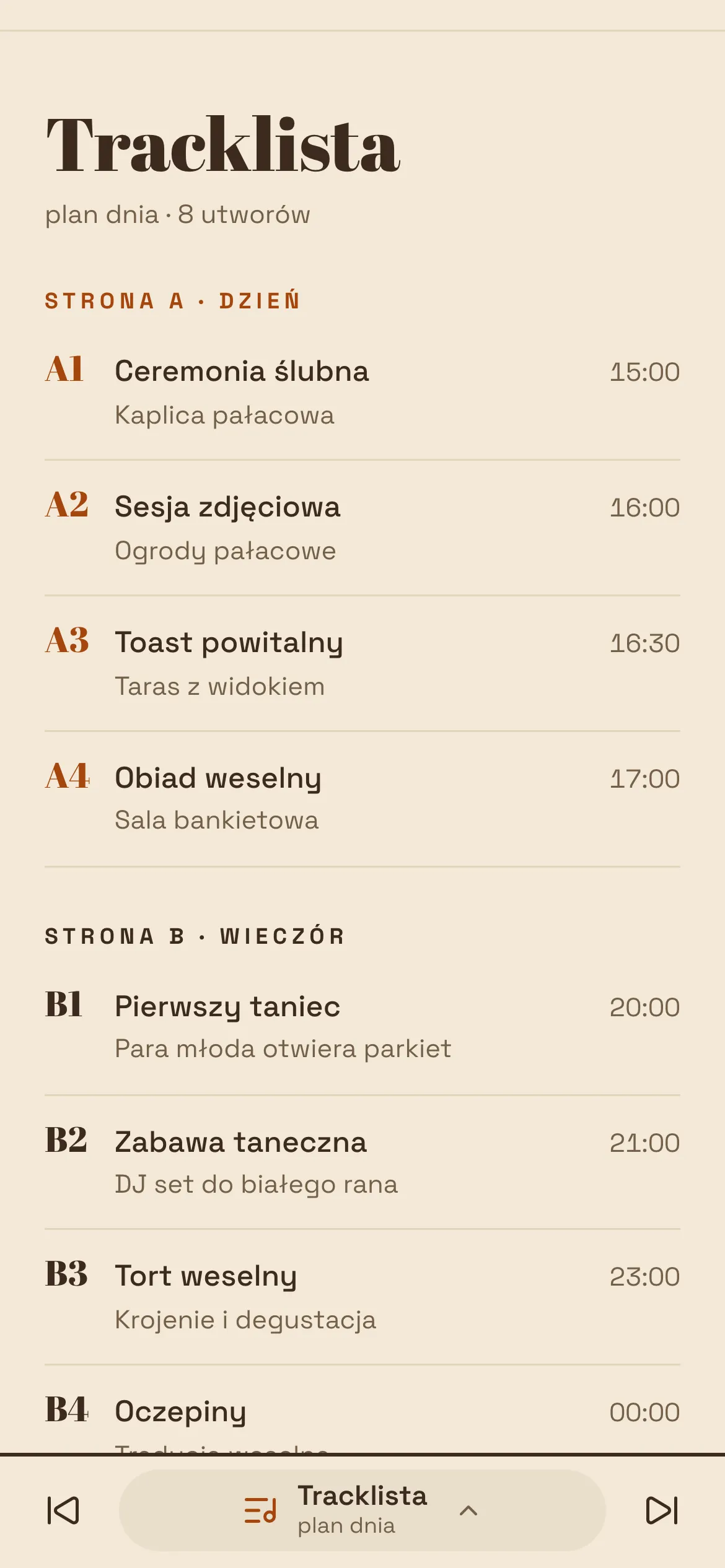 Plan dnia w układzie Winyl: tracklista podzielona na stronę A z wydarzeniami dziennymi i stronę B z wieczornymi.